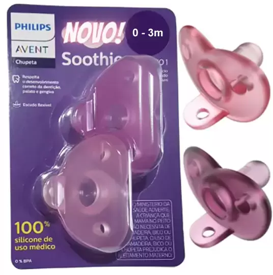 Chupeta c/ 2 Avent Philips Soothie - 0 a 3 meses /  4-6 meses Rosa Silicone Imagem 1